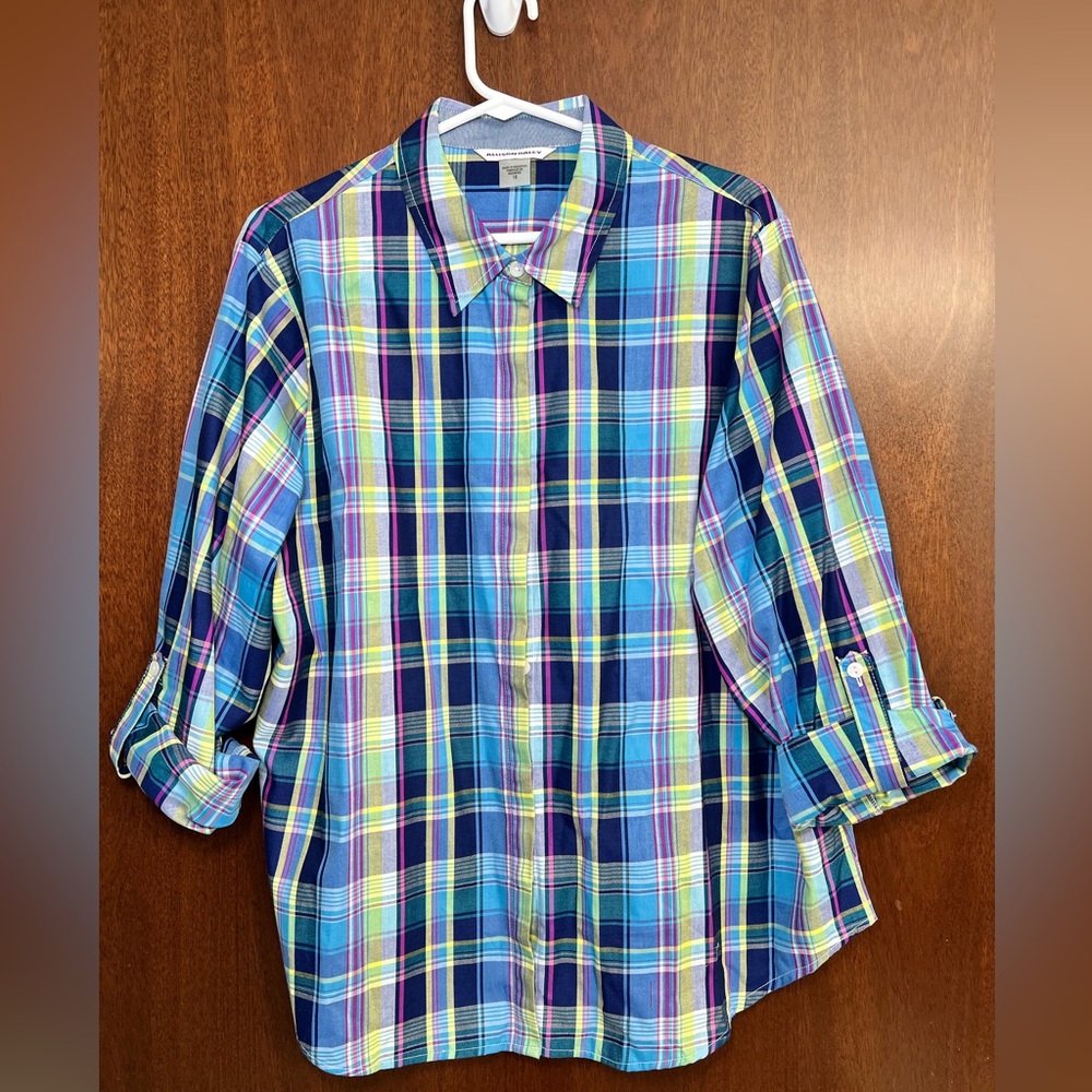 Allison Daley Blue Purple Plaid‎ Long Sleeve Shirt NWOT Size 18